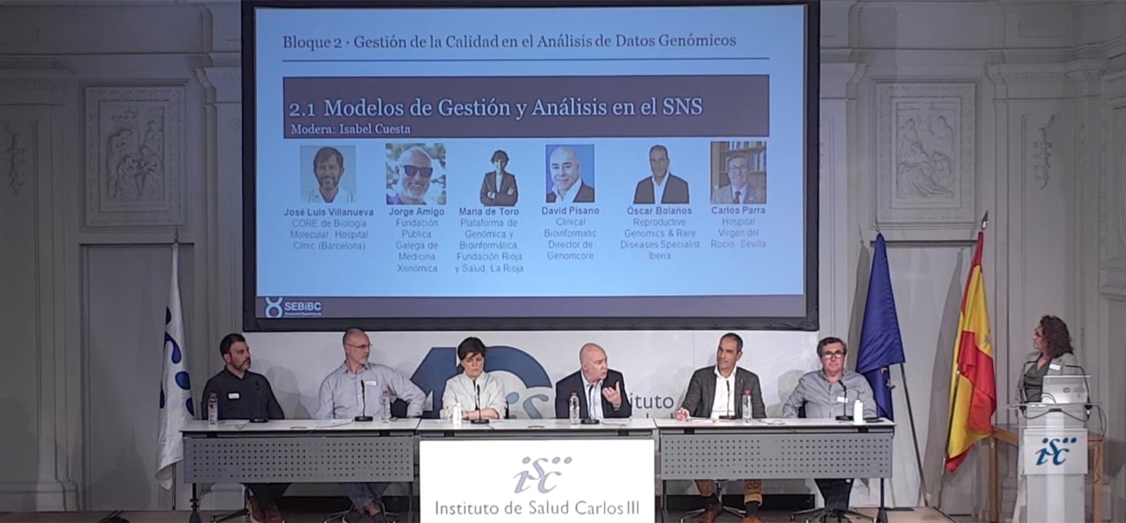 David G. Pisano, Director de Bioinformática Clínica de Genomcore, participando en la mesa redonda sobre modelos de gestión y análisis en el SNS durante las I Jornadas de Bioinformática Clínica de la SEBiBC en el ISCIII, Madrid