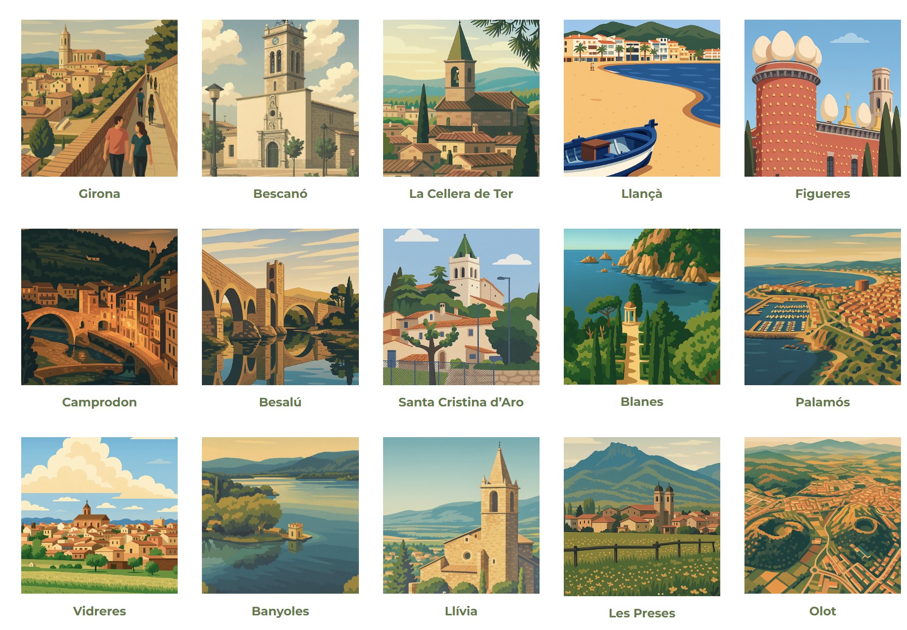 poblaciones de Girostudi: Girona,Bescanó, La Cellera de Ter, Llançà, Figueres, Camprodon, Besalú, Santa Cristina d'Aro, Blanes, Palamós, Vidreres, Bayoles, Llívia, Les Preses, Olot,